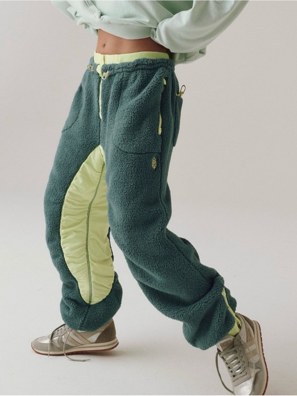 Free People Dark Teal Sherpa Joggers with Light Lime Panels